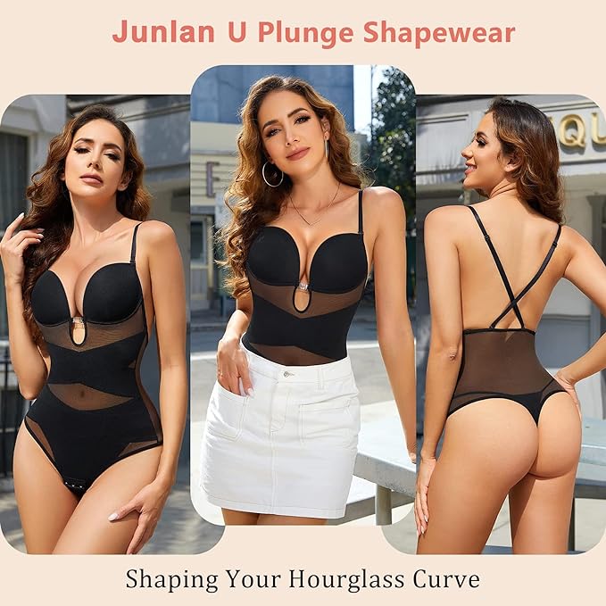 Junlan Bodysuit Shapewear for Women Tummy Control Backless Body Shaper U Plunge Built-in Bra Fajas Waist Trainer Corset (Black,S)