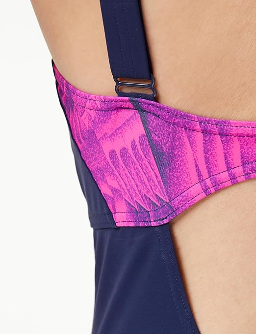 Speedo Women's Shaping Printed OpusGem DD+ 1 Piece Swimsuit | Shapewear | Beach and Holiday Swimwear, Black/Pure Blue/Bloominous Pink/Cupid Coral, 38