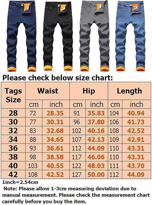Men's Fleece Lined Jeans Denim Trousers Winter Warm Thick Pants with Pockets 34 Dark Blue