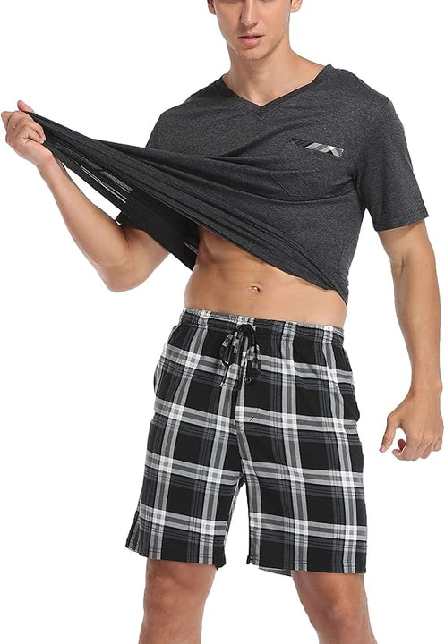 Vlazom Men's Pyjamas Set Short Sleeve Soft Pj's Top and Plaid Shorts for Sleepwear Loungewear with Pockets Dark Grey, L