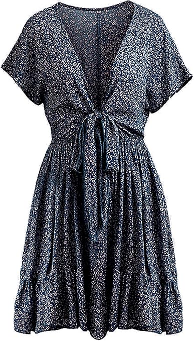SEMIR Women's Floral Sundress High Waist Flounce Dress Vintage Mini Dress Beach Dress Navy XL