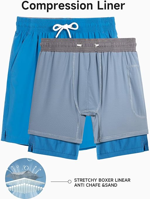 YoungSoul Boys' Swimming Shorts with Compression Liner Quick Dry Kids Swim Trunks 2 in 1 Swimwear Beach Shorts Aqua Blue 9-10 Years Size 150