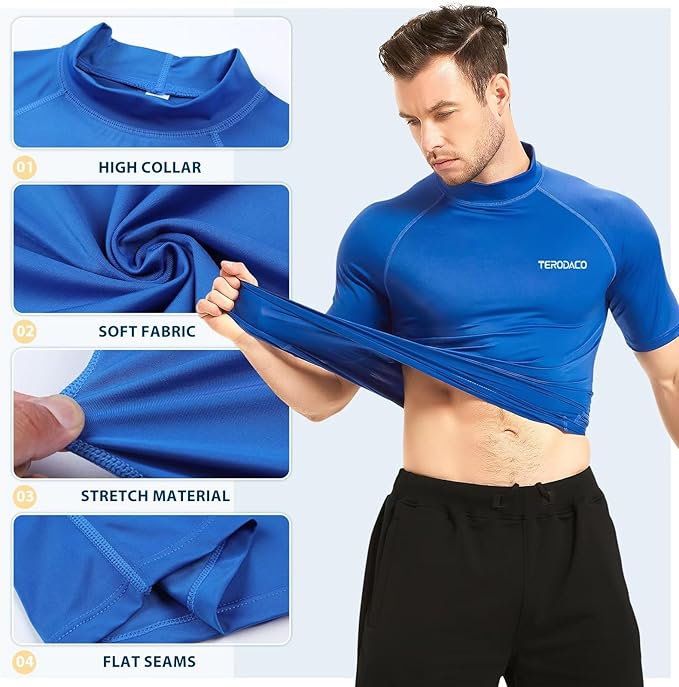 TERODACO Rash Vest Mens Short Sleeve UV 50+ Swimming Shirts for Men Compression Sweat Wicking Rash Guard Mens Base Layer for Wetsuit Diving Surfing,Quick Dry Lightweight Stretchy 222 Blue XL