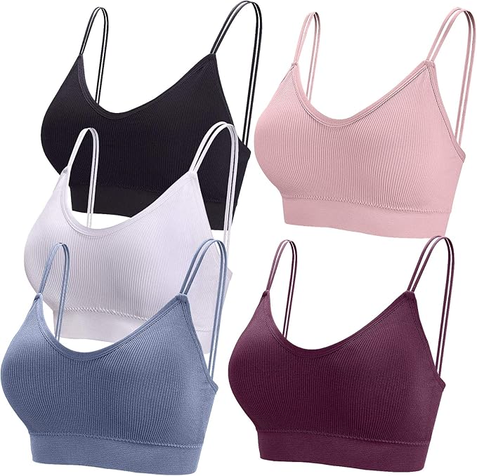BQTQ 5 Pieces Camisole Bras for Women V Neck Camisole Bralettes Seamless Sleeping Bra with Straps and Removable Pads for Women Girls, M