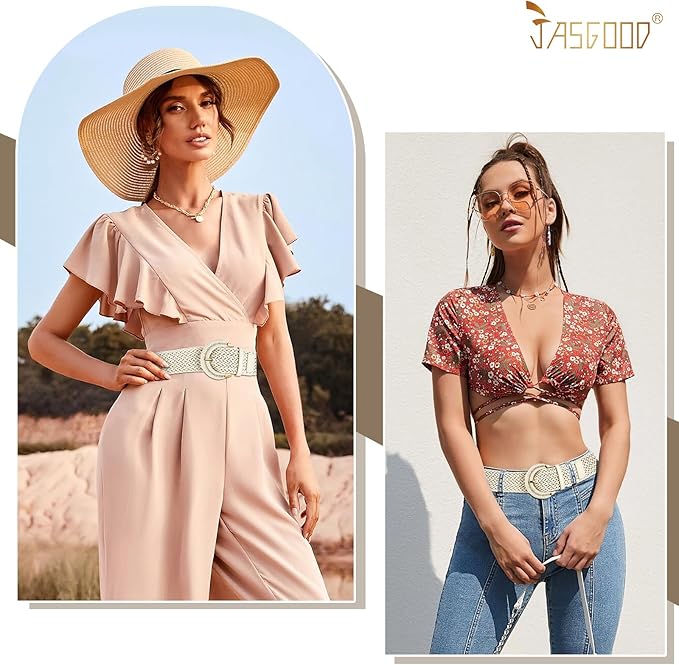 JASGOOD Women Braided Rattan Wide Belt Woven Waist Belt With Half-Circle Buckle for Summer Dress Jeans Pants Beige S:Fit Waist Size 120cm