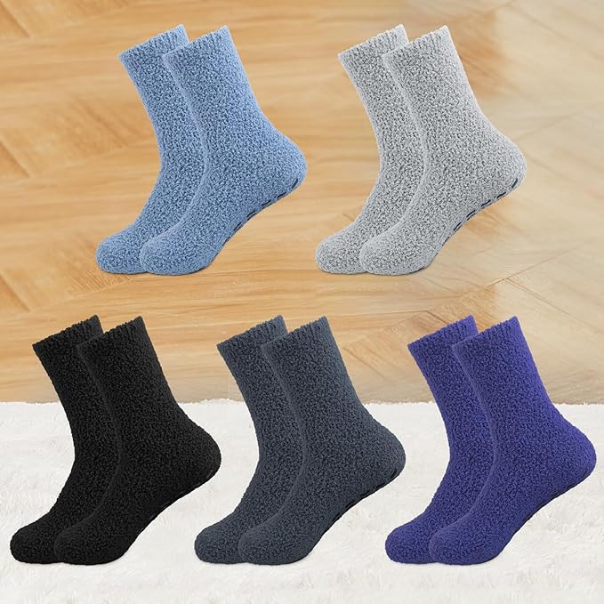 SIMIYA 5 Pairs Mens Fluffy Socks Winter Warm Slipper Socks Cosy Thermal Socks Non Slip Fleece Bed Socks, Multicolor, 6-12