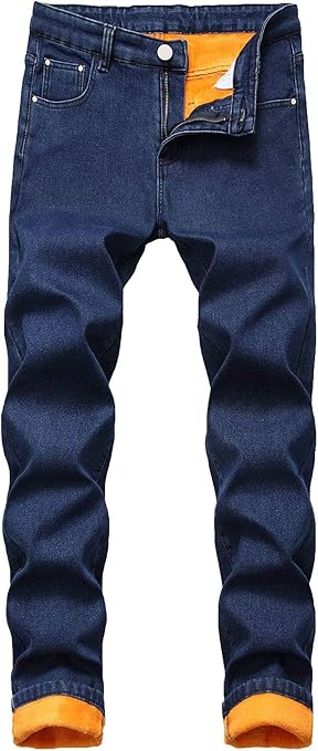 Men's Fleece Lined Jeans Denim Trousers Winter Warm Thick Pants with Pockets 34 Dark Blue