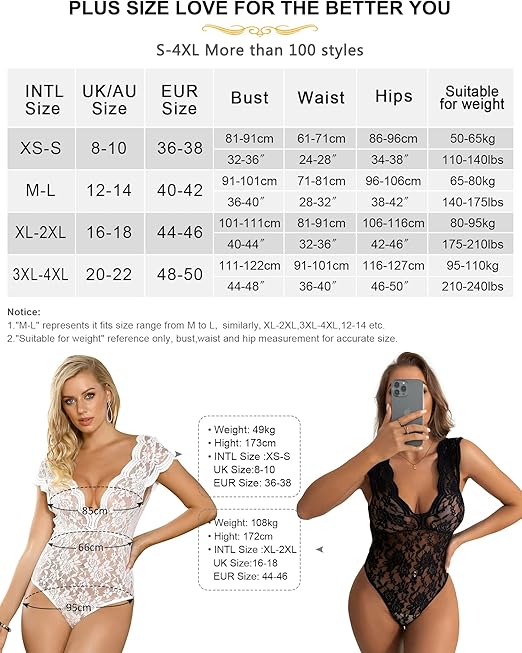 ohyeahlady Bodysuit for Women Going Out Stretch Lace Sexy Lingerie Naughty V Neck Body Suit Leotard Clubwear Tops,White, M-L