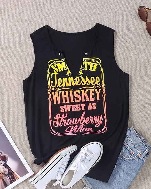 Women's Tank Top Summer Smooth As Tennessee Whiskey Shirt Sleeveless Basic T-Shirt Sexy V-Neck Vest Tunic Blouse Top, Black (black-2), S
