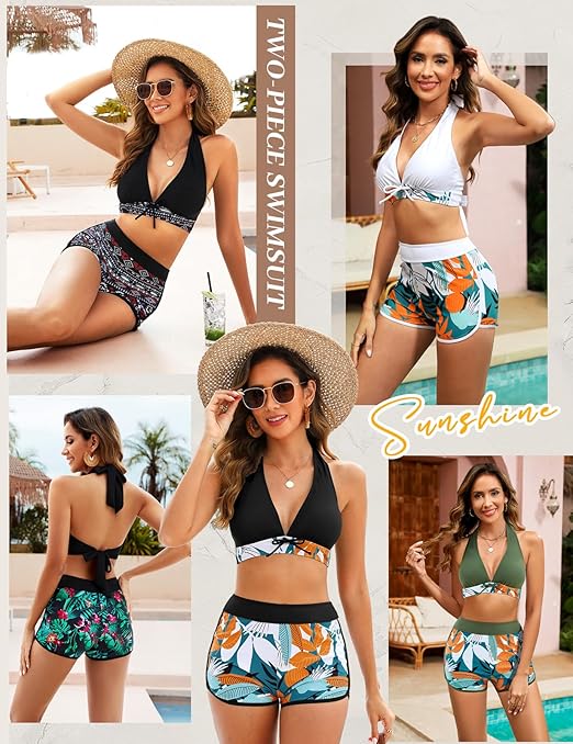 Tuopuda Women Two Piece Bikini Sets Deep V Neck Halter Top with High Waist Boyshorts Floral Print Swimsuit Plus Size Swimwear Bathing Suit