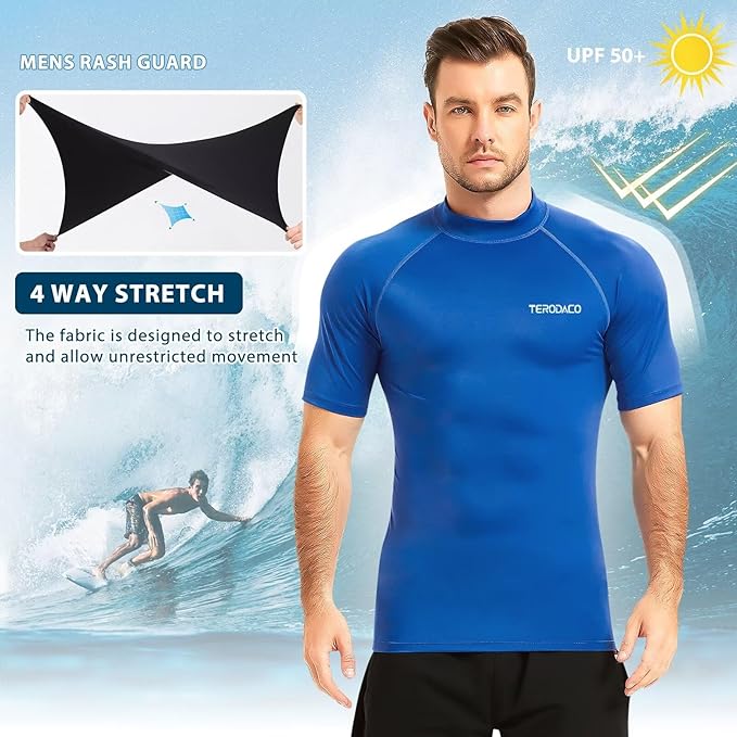 TERODACO Rash Vest Mens Short Sleeve UV 50+ Swimming Shirts for Men Compression Sweat Wicking Rash Guard Mens Base Layer for Wetsuit Diving Surfing,Quick Dry Lightweight Stretchy 222 Blue XL