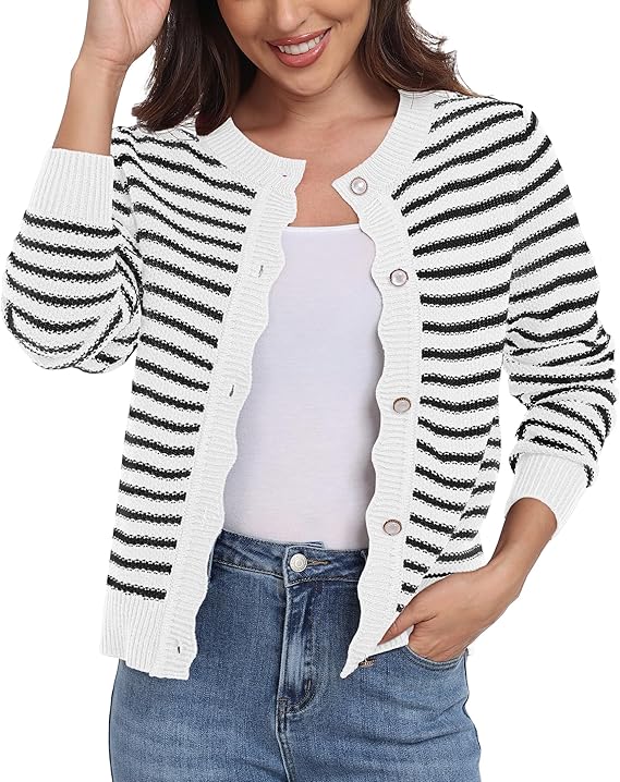 GRECERELLE Womens Lightweight Cardigan Casual Frenchy Striped Button Down Long Sleeve Knit Jumper Ladies Cardigans (White Black Striped,M)