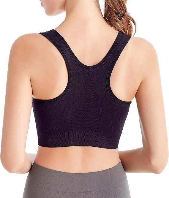 CLOUSPO Sports Bra Post Surgery Bra Zip Front Wireless with Removable Pads Yoga Bra for Workout Fitness(XXL,Grey+Black)