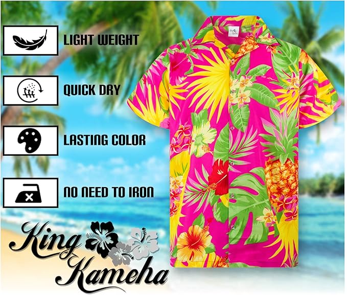 King Kameha Men's Pineapple-Designs Summer-Party-Shirts Short-Sleeve, Pineapple, Pink, S