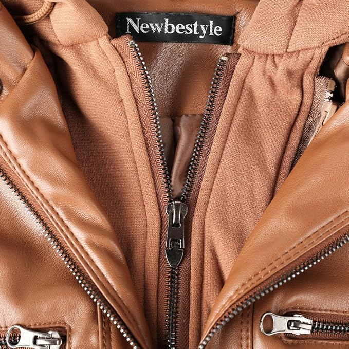 Newbestyle Faux Leather Jacket for Women Hooded Moto Biker Jacket Full-zip Long Sleeve Outwear Tops Brown XL
