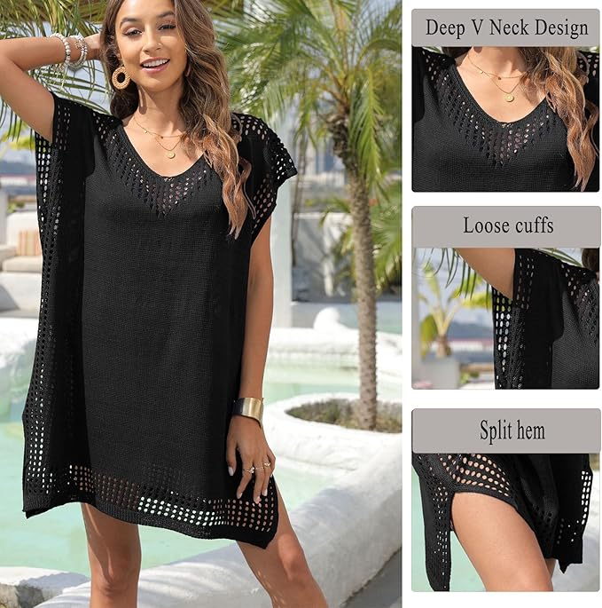 Baynetin Women's Swim Cover-Ups and Sarongs, One Piece Sexy Hollow Out V-Neck Short Sleeve Crochet Dress Bikini Swimsuit Bathing Beachwear (Black)