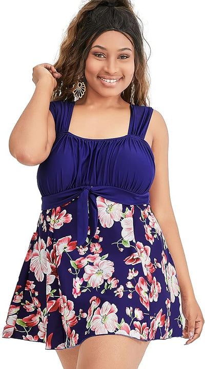 Wantdo Women's One-Piece Swim Dresses Plus Size Skirtini Tummy Control Swimsuits Summer Swimming Costume with Skirt A20(Sapphire Floral) 16-18