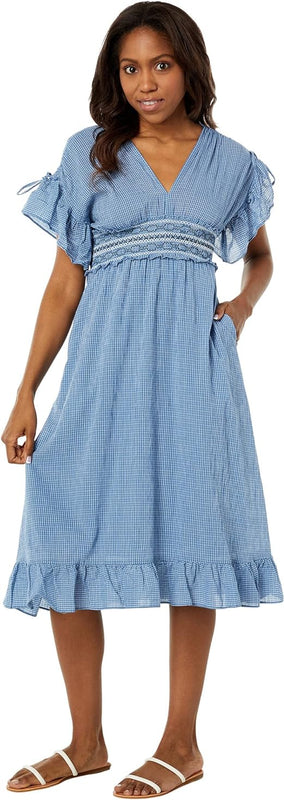 Max Studio Women's Yarn Dye Flutter Sleeve Dress, Blue Gingham-134-100, Medium