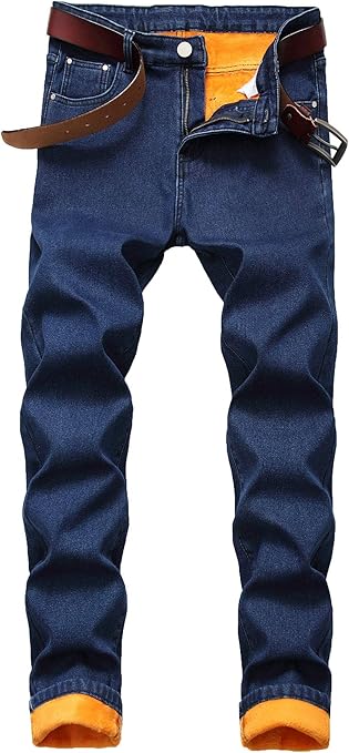 Men's Fleece Lined Jeans Denim Trousers Winter Warm Thick Pants with Pockets 34 Dark Blue