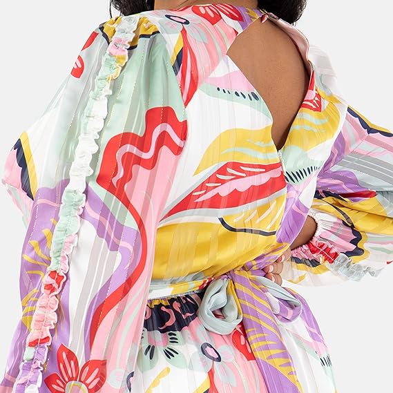 Lovedrobe Women's Plus Size Ladies Long Sleeve Maxi Dress Abstract Print Bishop Back Hole V-Neckline Faux Wrap Tie Belt Size 18