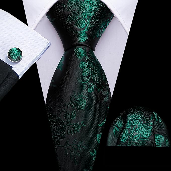 Barry.Wang Mens Green Tie and Clip Floral Silk Wedding Necktie Handkerchief Cufflinks Set Formal Party
