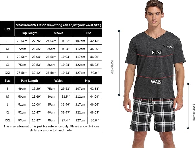 Vlazom Men's Pyjamas Set Short Sleeve Soft Pj's Top and Plaid Shorts for Sleepwear Loungewear with Pockets Dark Grey, L