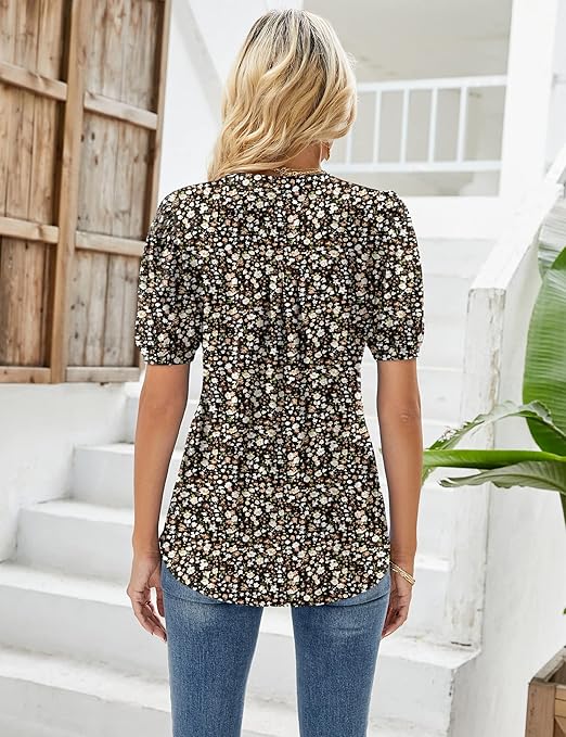EFFAN Ladies Summer Tops Womens Casual T Shirts V Neck Elegant Floaty Floral Printed Tunic Blouse Floral Black L (UK 16-18)