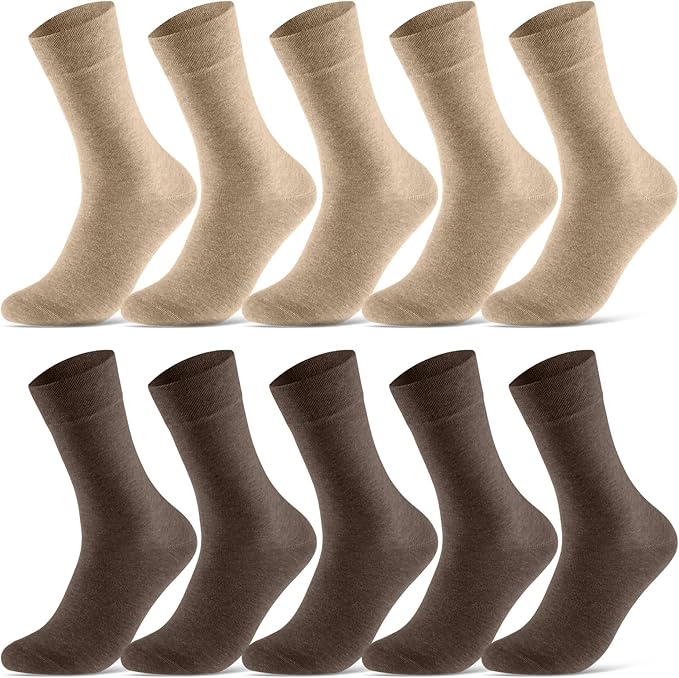 10 Pairs of Men's Women's Business Socks in Premium Quality with Comfort Waistband without Seam Made of Cotton, (4) 5 x sand melange + 5 x brown melange, 43-46