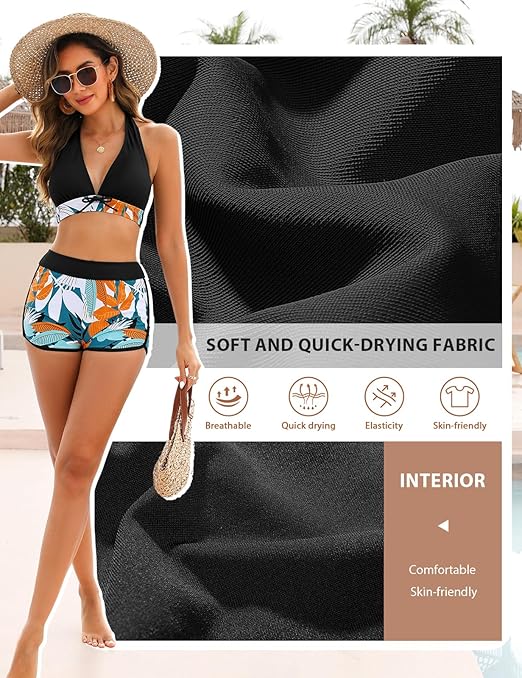 Tuopuda Women Two Piece Bikini Sets Deep V Neck Halter Top with High Waist Boyshorts Floral Print Swimsuit Plus Size Swimwear Bathing Suit