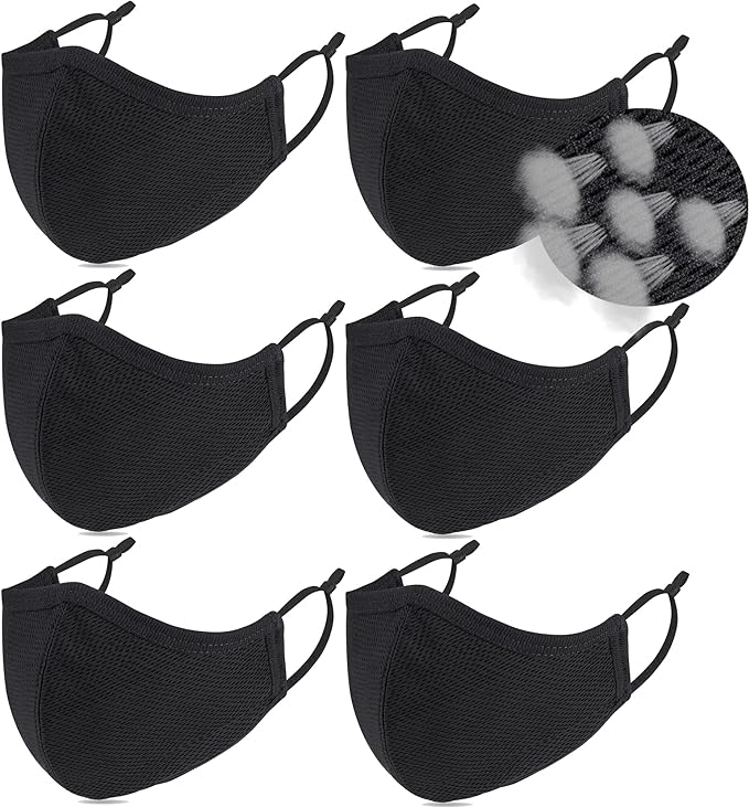 6 Pack Black Cotton Face Masks,Face Masks Washable,Reusable Face Mask,Face Covering,3-Layers Breathable Cloth Face Masks With Adjustable Ear Loops For Women Man (Meduim)