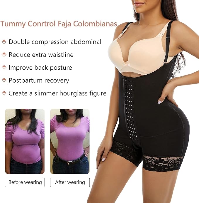 SHAPERX Shapewear Tummy Control Fajas Colombianas High Compression Body Shaper for Women Butt Lifter Thigh Slimmer, Black, Medium