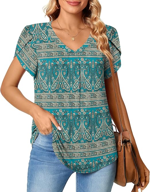 Bestbee Womens Short Sleeve Tops, Ladies Summer Tops Cute V Neck Shirts Plus Size Casual T-Shirts Loose Fit Blouses, Blue-Khaki, 2XL