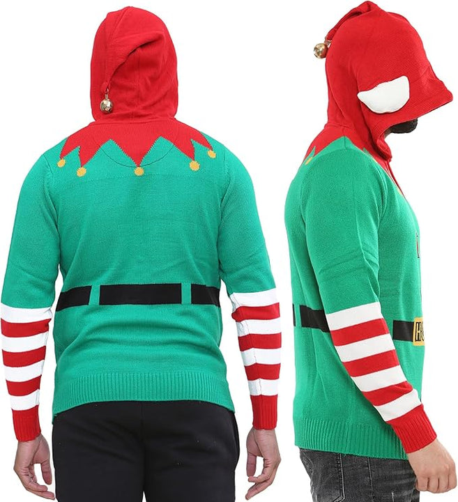 NOROZE Men's Boys Christmas Jumper Hoodie Unisex ELF HoHo Candy Cane 3D Knitted Pullover Kids Family Xmas Matching Top (S, Elf Candy Cane Green)
