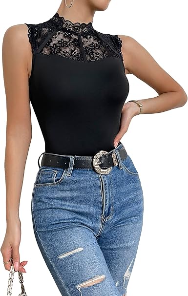 GORGLITTER Women's Lace Trim Tank Top Sleeveless Summer Skinny Elegant Going Out Vest Tops Black L