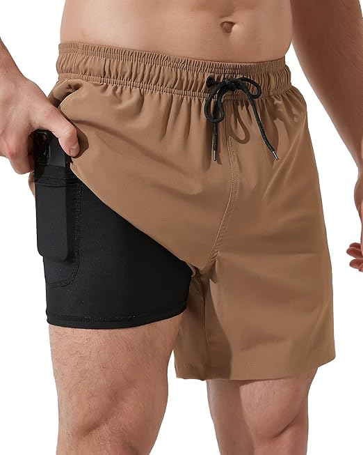 Arcweg Men's Swim Trunks Mens Swimming Shorts with Compression Liner Quick Dry Stretchy 2 in 1 Board Shorts with Zipper Pockets Khaki L(UK)