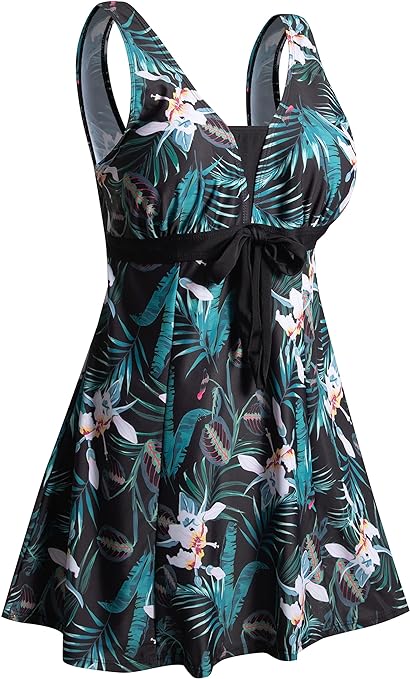 ECUPPER Womens Plus Size Skirted Swimsuit Floral Printed Swimwear Padded Swim Suit Dress with Boy Shorts