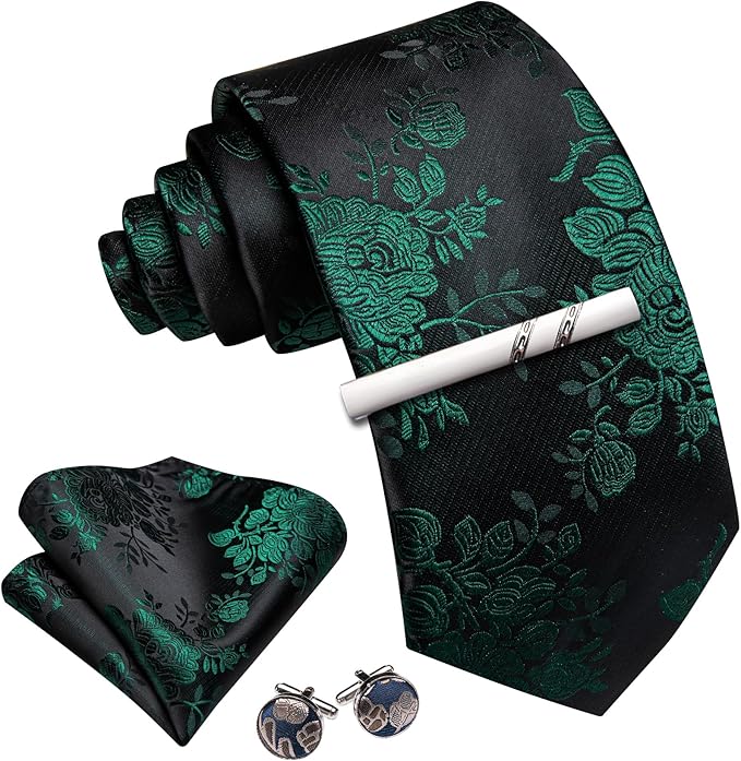 Barry.Wang Mens Green Tie and Clip Floral Silk Wedding Necktie Handkerchief Cufflinks Set Formal Party