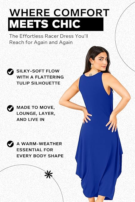 Re Tech UK - Womens Sleeveless Baggy Loose Racer Dress - Lagenlook Tulip Round Neck - Maxi Dresses for Women UK, Ladies Summer Dresses, Beach Holiday Clothes, Plus Size Dress for Women Blue 24-26