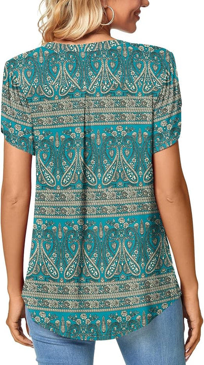 Bestbee Womens Short Sleeve Tops, Ladies Summer Tops Cute V Neck Shirts Plus Size Casual T-Shirts Loose Fit Blouses, Blue-Khaki, 2XL