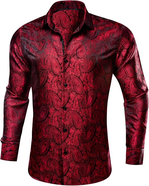 Barry.Wang Men Dress Shirt Silk Luxury Paisley Floral Long Sleeve Big and Tall Wedding Party Casual Business Formal Shirts Red, 2XL