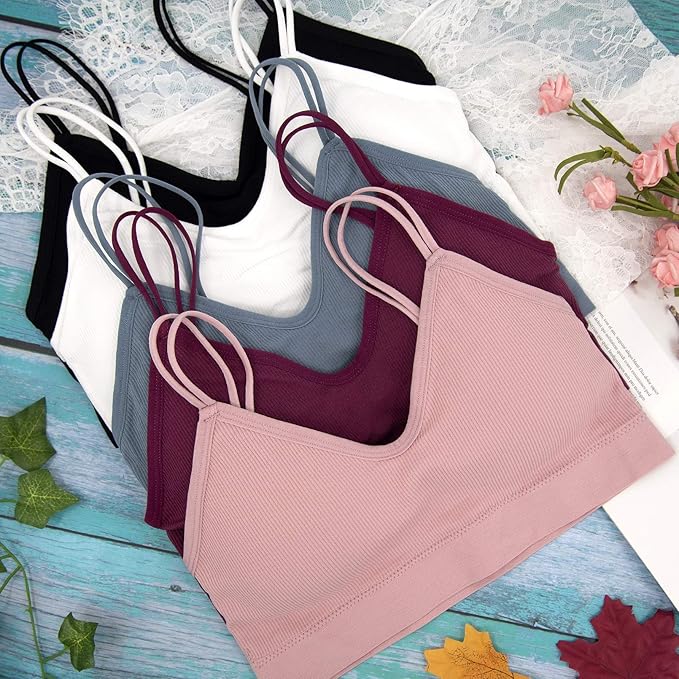 BQTQ 5 Pieces Camisole Bras for Women V Neck Camisole Bralettes Seamless Sleeping Bra with Straps and Removable Pads for Women Girls, M