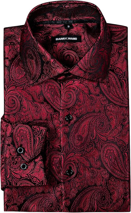 Barry.Wang Men Dress Shirt Silk Luxury Paisley Floral Long Sleeve Big and Tall Wedding Party Casual Business Formal Shirts Red, 2XL