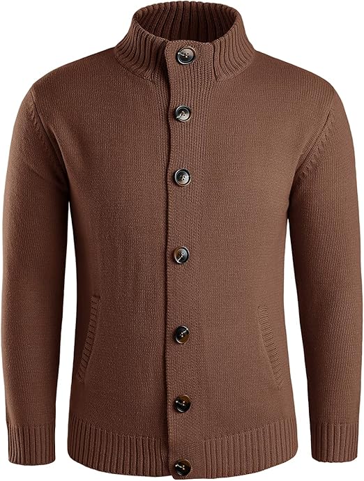 Gemijacka Mens Knitted Cardigan Stand Collar Sweater Button with Pockets Brown, L