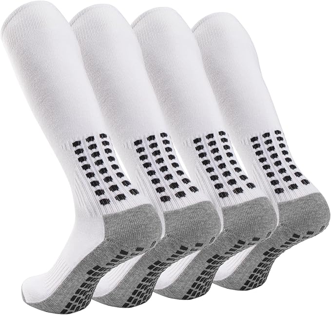 Geebuzz 4 Pairs Men's Football Socks Knee High Grip Socks Football Non-Slip Football Basketball Hockey Sport Grip Socks (White), White