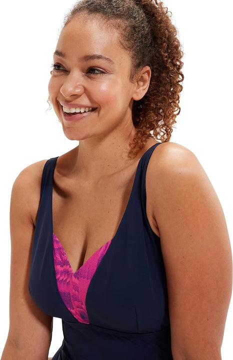 Speedo Women's Shaping Printed OpusGem DD+ 1 Piece Swimsuit | Shapewear | Beach and Holiday Swimwear, Black/Pure Blue/Bloominous Pink/Cupid Coral, 38