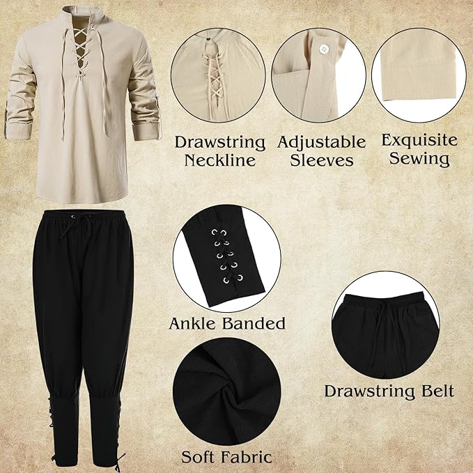 PLULON 9 Pcs Mens Renaissance Faire Costume V-neck Shirts Pants Medieval Knight Costume with Renaissance Accessories for Dress Up Halloween, XL, Beige