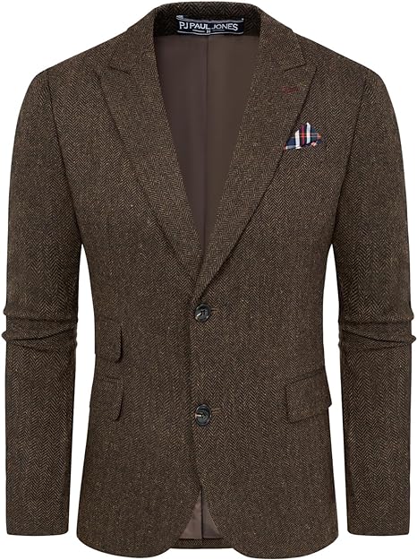 PJ PAUL JONES Men's Vintage Herringbone Tweed Blazers British Wool Blend Sport Coat Jacket, Brown Herringbone, XL