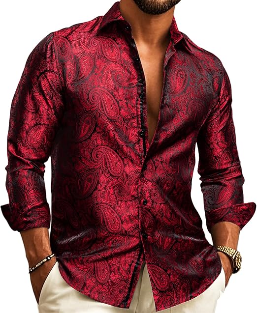 Barry.Wang Men Dress Shirt Silk Luxury Paisley Floral Long Sleeve Big and Tall Wedding Party Casual Business Formal Shirts Red, 2XL