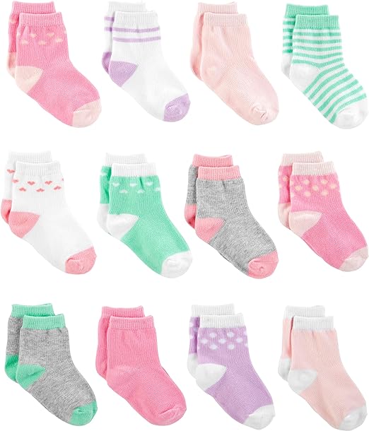 Simple Joys by Carter's Baby Girls' 12-Pack Sock Crew, Pink/Purple/Mint Green, 12-24 Months (Pack of 12)