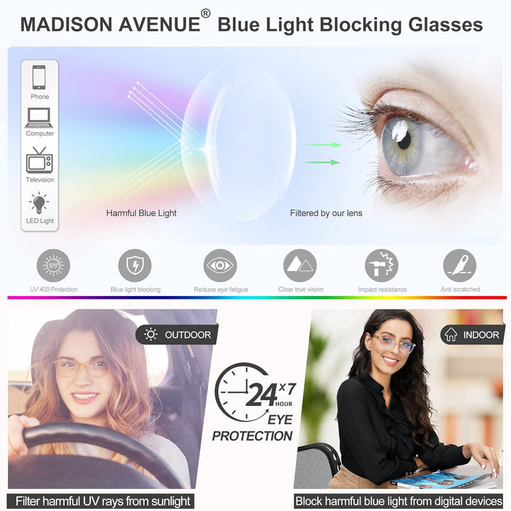 Madison Avenue Blue Light Blocking Glasses Anti Eyestrain UV Glare Blue Light Glasses for Women TV Phone Computer Gaming Eyeglasses(Coffee Brown)